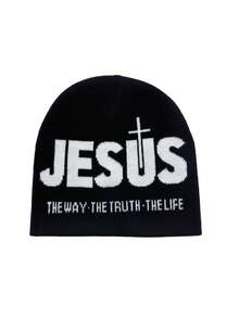 1 pièce Bonnet de hip-hop 'JESUS' Unisexe, un chapeau de tricot froid à la mode Y2k pour homme et femme, chapeau chaud et thermique pour l'extérieur, à porter - JUSUS - Voir 13