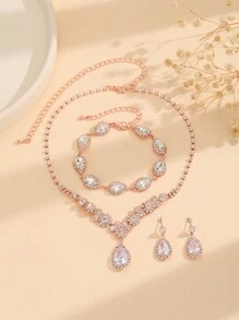 Bộ bông tai vòng cổ pha lê cô dâu bạc Bộ trang sức cưới cho cô dâu Vòng cổ vòng cổ bằng kim cương giả Bộ trang sức trang phục vũ hội cho phụ nữ và bé gái (Bộ 3 món - 2 bông tai và 1 vòng cổ) Tiaras - Bạc - Xem 4