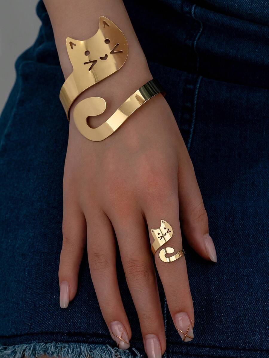 1pc Cute Cartoon Cat Metal Bangle + 1pc Ring, Luxurious And Lovely Jewelry Set For Women, Suitable For Parties, Dating, And Gifting - Yellow Gold - View 1