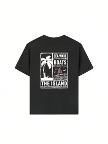 1pc Young Boy Casual Sailing & Palm Tree Print Crew Neck Short Sleeve T-Shirt, Summer Student Wear - The Creative Artistic Pattern Inspired Imagination And Self-Expression