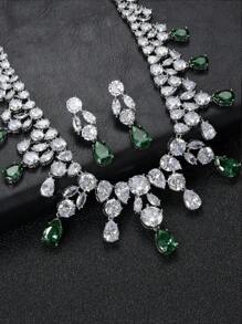 1 set/3 pièces Collier et boucles d'oreilles en zircone cubique de cuivre de mode européenne et américaine pour mariage ou soirée, bijoux haut de gamme avec décoration en goutte d'eau pour vêtements festivaliers femmes