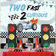 Birthday Background With Racing Theme, Retro Blue And Black "Two Fast 2 Curious" Banner, Party Decoration For Celebration, With Checkered Flags And Balloon Icons,Christmas - Multicolor - View 3
