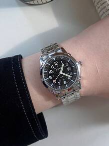 1 pièce Montre étanche pour hommes en acier inoxydable, cadran noir non fading avec chiffres arabes, Montre-bracelet à quartz décontractée/ professionnelle/ réunion/ travail