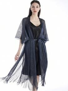 1pc Women Solid Color With Silver Thread Mesh Long Tassel Cover-Up Shawl Scarf, Suitable For Beach Party Outerwear - Multicolor - View 3