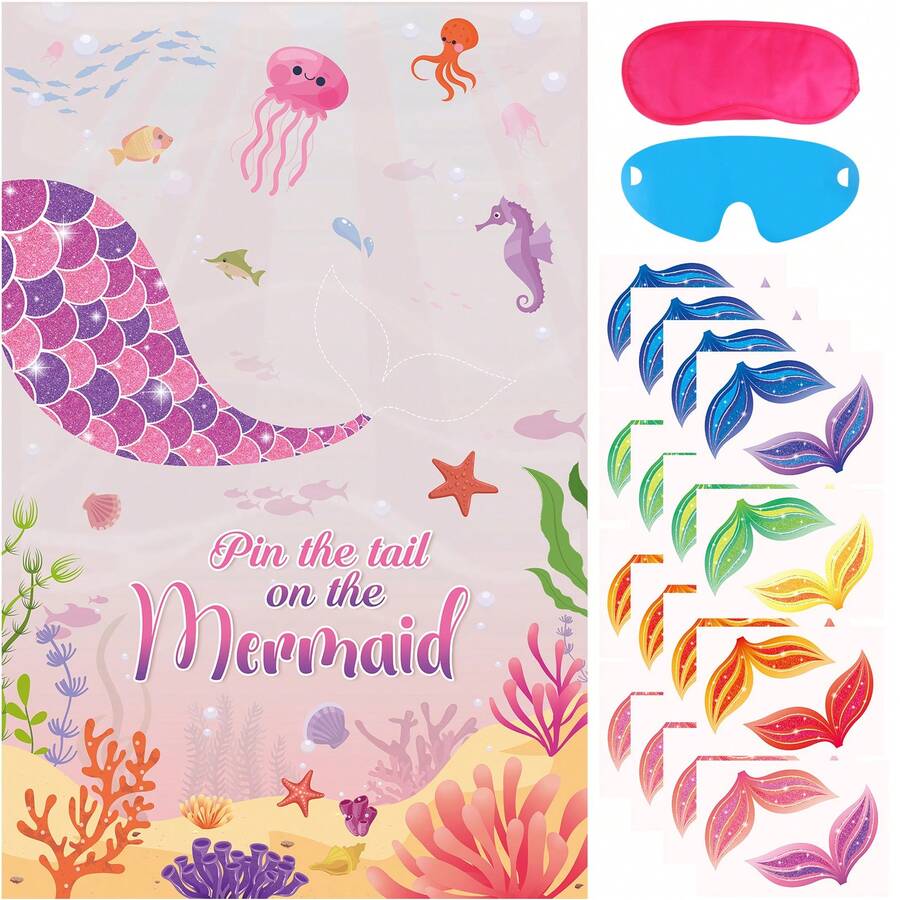 Hxezoc 將和平標誌刺在嬉皮賓士上，搭配人魚尾巴貼紙的派對遊戲海報，適用於生日派對、嘉年華派對用品 - 粉色 - 查看 1