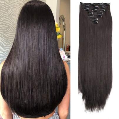 7pcs/Set 16" Clip-In Hair Extensions, Black Straight Hair, Natural Ombre, Heat Resistant Fiber, For Women