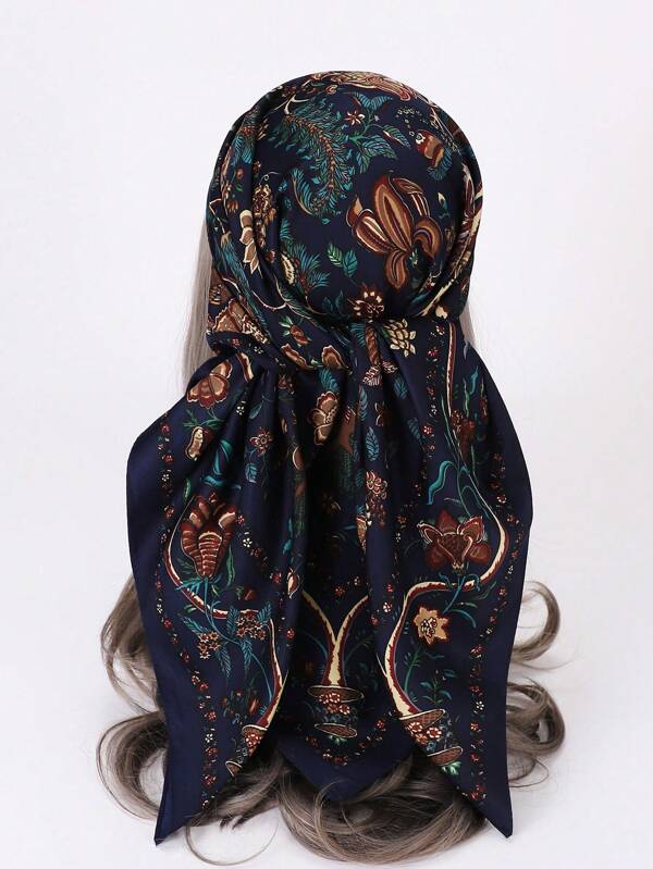 1 Peça Lenço de Cabeça em Twill de Seda Imitada com Estampa Floral para Mulheres, Adequado para Uso Diário, Lenço Elegante, Faixa de Cabelo, Ideal para Complementar o Visual, Inverno e Outono