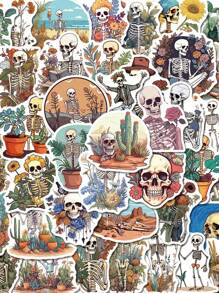 50入組植物骨架精美卡通塗鴉貼紙，具有創意和高美學價值，自粘，適用於手機、水杯、筆記本電腦防水貼紙