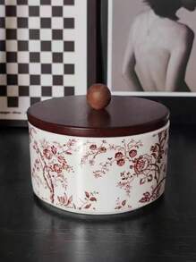 1pc French Vintage Style Ceramic Floral Tea Storage Jar & Sugar Canister, Kitchen Ceramic Wooden Lid Decorative Container - Multicolor - View 11