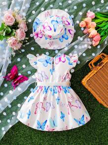 Butterfly Printed Baby Girl Dress And Hat Set - Cute Cap Sleeve Outfit For Infant/Toddler Vacation Wear - Champagne - View 2