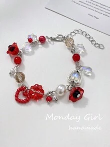 1pc Fashionable Handmade Bracelet For Women, Featuring Natural Beads And Charms Of Flower, Heart, Waterdrop, Plant And Star Shapes, Suitable For Daily Wear And Beach Party. - 紅色 - 查看 2