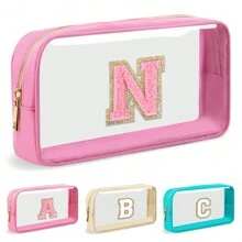 Geantă de machiaj cu scrisoare inițială personalizată, transparentă, cu plasture de chenille A-Z, geantă cosmetică din nailon Preppy cu fermoar, omologat TSA, transparentă, impermeabilă, pentru toaletă, pentru femei, fete, organizator pentru machiaj.