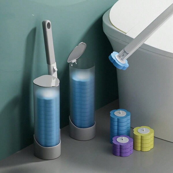 1 set Brosse de toilette jetable (1 tête de brosse + 1 base + 24 têtes de rechange) avec un set de 3 couleurs d'éponges de rechange, nettoyage en profondeur pour les toilettes domestiques, décoration de salle de bain, décoration d'automne
