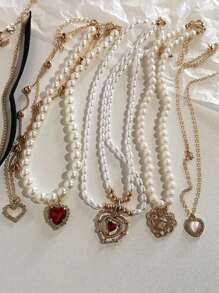 1 pieza Collar de gargantilla Kpop vintage con colgante de corazón en cadena de perlas y circonias para mujer, joyería estética de fiesta regalo de Navidad caliente