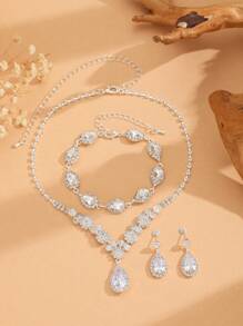 Bộ bông tai vòng cổ pha lê cô dâu bạc Bộ trang sức cưới cho cô dâu Vòng cổ vòng cổ bằng kim cương giả Bộ trang sức trang phục vũ hội cho phụ nữ và bé gái (Bộ 3 món - 2 bông tai và 1 vòng cổ) Tiaras - Bạc - Xem 3