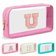 Geantă de machiaj cu scrisoare inițială personalizată, transparentă, cu plasture de chenille A-Z, geantă cosmetică din nailon Preppy cu fermoar, omologat TSA, transparentă, impermeabilă, pentru toaletă, pentru femei, fete, organizator pentru machiaj.