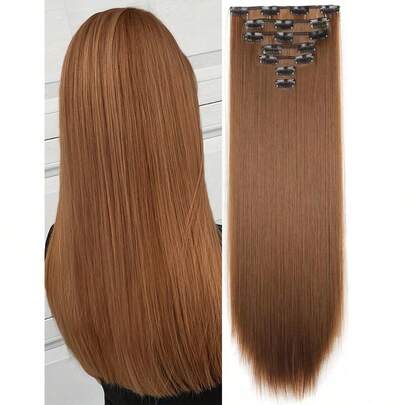 7pcs/Set 16" Clip-In Hair Extensions, Black Straight Hair, Natural Ombre, Heat Resistant Fiber, For Women