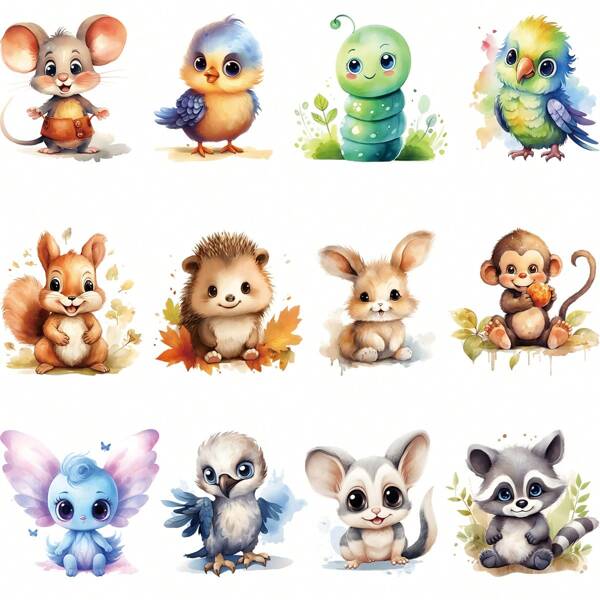 12 piezas De colorido pegatinas de transferencia de animales para personalización en toallas, mochilas, ropa de mezclilla, etc. que presentan hojas de arce, pájaros, erizos y ardillas para decoración personalizada de combinación.