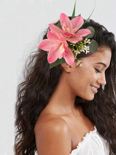 1个海滨度假风逼真花朵发夹，情人节夏季爪夹发卡，适合上学、度假装扮、女士发饰、头部饰品。