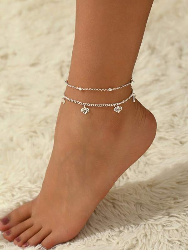 1 Pc Bohemian Youth Anklet Double-Layer Round Bead Hollow Heart Anklet Girls Party Jewelry
