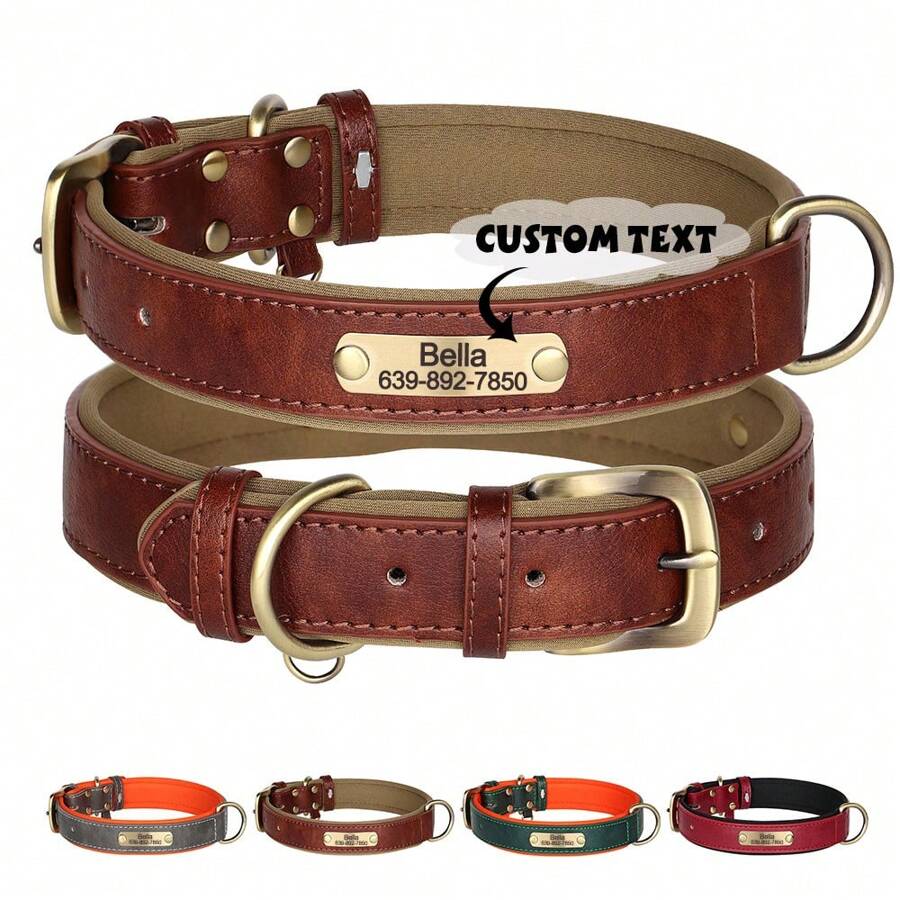 Personalized Solid Color PU Leather Dog Collar, Engraved Name Tag, Adjustable Anti-Lost, Suitable For Small Medium Dogs, Pet Lovers