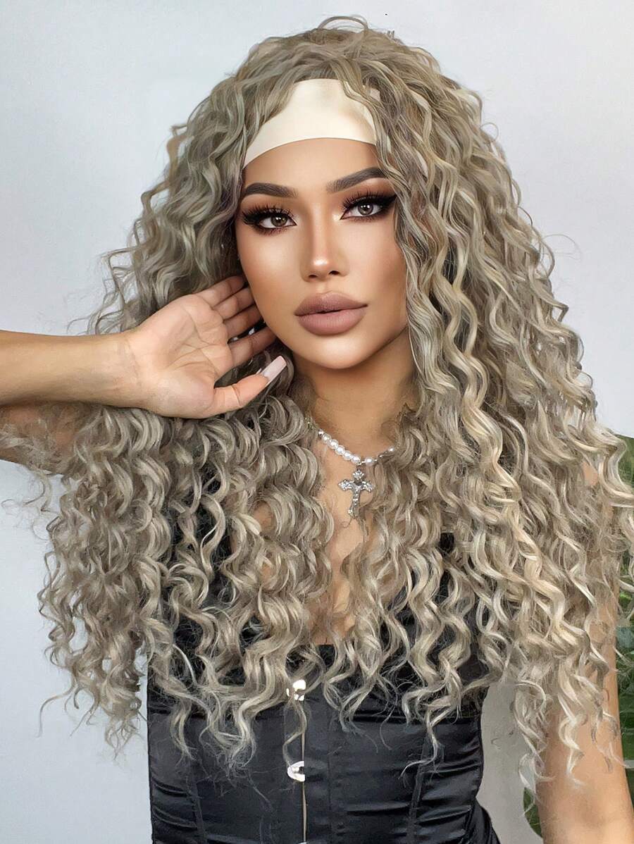 HAIRCUBE 26寸捲曲頭髮女性假髮配發帶，灰色波浪捲假髮，合成長捲髮假髮 - 灰色 - 查看 1