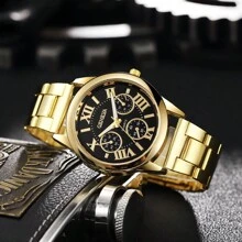 1 pieza Reloj de pulsera de cuarzo clásico de acero para hombres, de moda, para deportes y negocios, adecuado para uso diario y decoración como regalo para estudiantes que regresan a la escuela