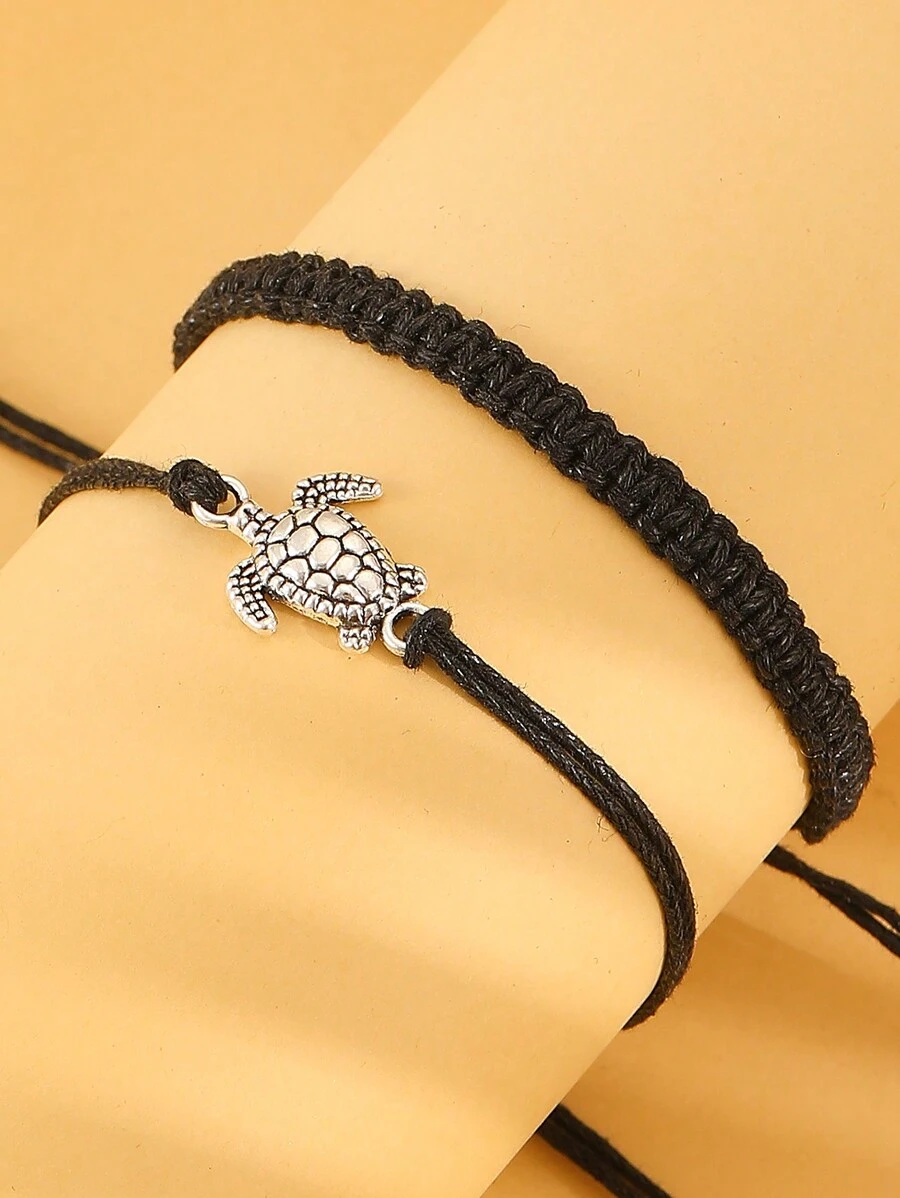 2pcs New Vintage Style Handmade Braided  Rope Anklets Turtle Shaped, Unisex Fashion Accessory For Beach Time