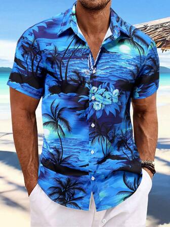 Men's Coconut Tree Printed Button Down Hawaiian Summer Shirt