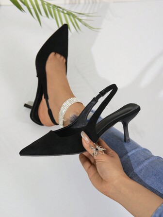 女士时尚休闲舒适轻便透气穿孔松紧带条纹装饰尖头高跟鞋纯色厚底浅口鞋