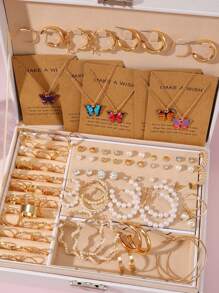 Conjunto de 99 piezas de colgantes minimalistas con diseños de mariposa, geométricos, retorcidos, perla falsa, corazón, infinito, multicapa, rhinestone y en forma de C para mujer, que incluye aretes, pendientes, aros y anillos, adecuado para citas, fiestas, uso diario, festivales, sin caja de regalo para San Valentín, mamá, madre, Día de la Madre
