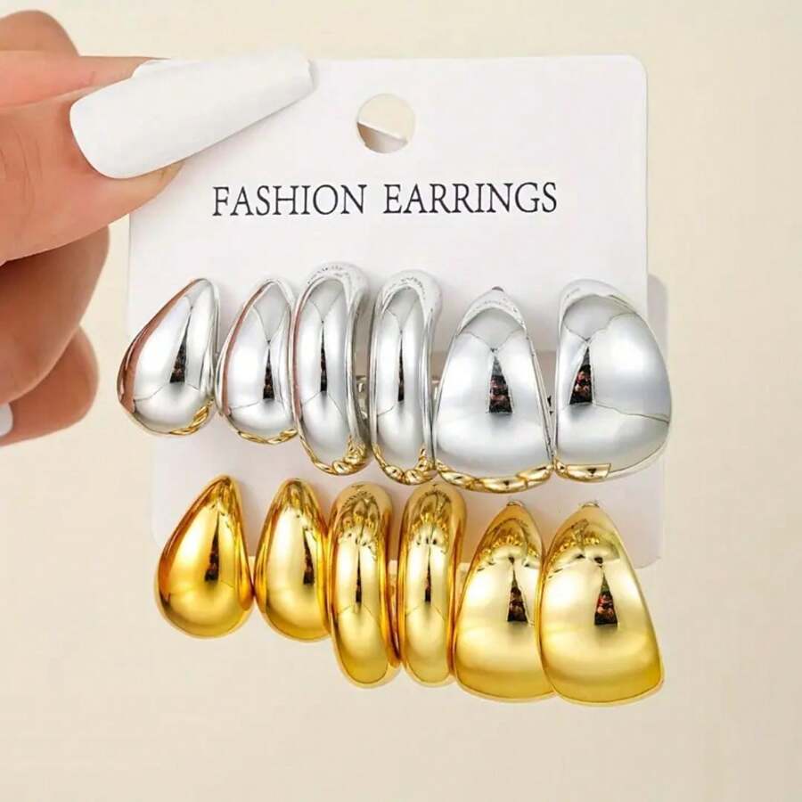 Set De 6 Pares Arracadas Gruesas Grandes De Moda, 12 Piezas de Aretes de Moda Estilo Europeo, Accesorio De Joyeria Vintage, Elegantes, Para Mujeres - SET - Ver 1