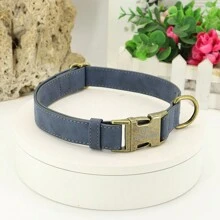客製化 PU 皮革可調節狗狗項圈，防丟寵物項圈附 ID 吊牌，刻字狗狗項圈，純色棕色紫色粉色藍色，客製化寵物項圈牽繩與胸背帶配件 - 藍色 - 查看 4