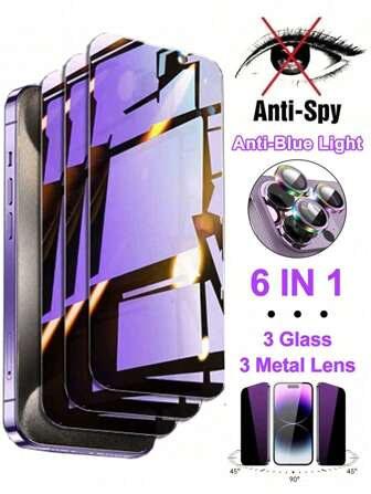 [6 IN 1] 3 Pcs Purple Screen Glass + 3 Pcs Metal Lens Anti-Blue Light Privacy Screen Protector Compatible With IPhone Compatible With IPhone 16/16 Plus/16 Pro/16 Pro Max/15/15Pro/15 Plus/15 Pro Max/14/13/12/11 Gift For Birthday, Family, Friends Tempered Glass, Anti-Spy, Phone Screen Protector, Phone Accessories Waterproof Shockproof Anti-Fall Anti-Fall Scratch Resistant Anti-Fingerprint Full Cover
