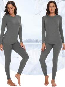 女士保暖内衣套装，包括长袖打底衫、超柔软保暖打底裤和冬季运动保暖紧身裤 - 深灰色 - 查看 5