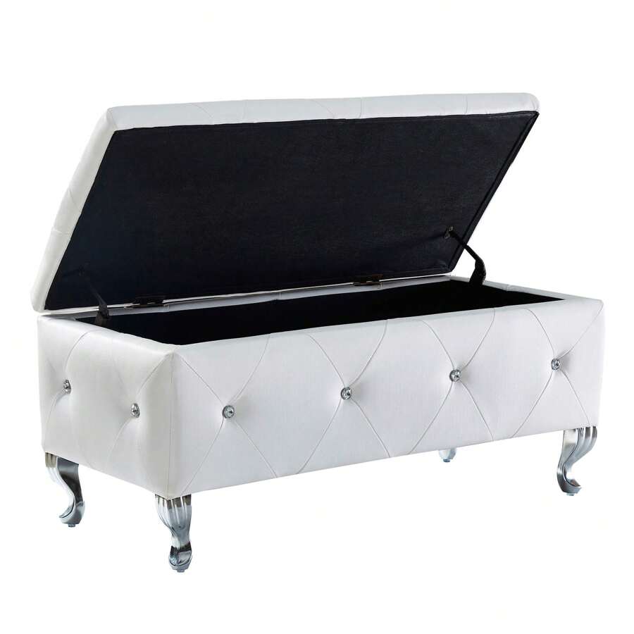 Ucloveria Storage Ottoman Bench, Faux Leather Upholstered Entryway Bench With Safety Hinges & Sturdy Metal Legs, Rectangular Ottoman With Storage End Of Bed Bench Footrest For Living Room Bedroom - White - View 1