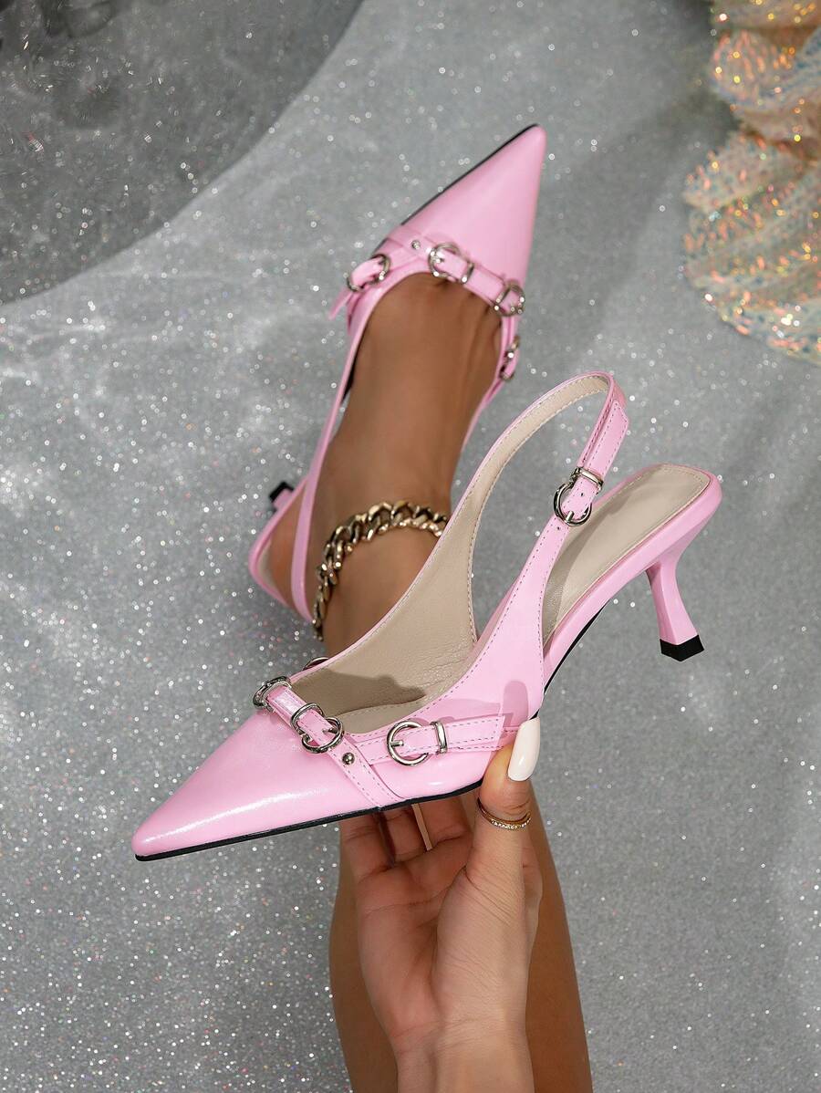 European And American Style Pointed Toe High Heels Women's Shoes Stilettos, Mushroom Rivets, And Belt Buckle Decoration. Suitable For Rock Festivals And Punk Fashion