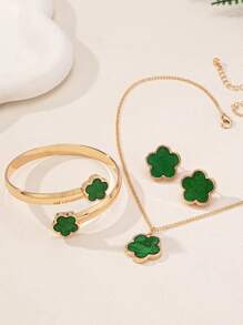 1set Fashionable Lucky Clover Floral Bracelet, Earrings, Necklace Set - Mint Green - View 3
