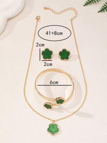1set Fashionable Lucky Clover Floral Bracelet, Earrings, Necklace Set - Mint Green - View 5