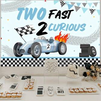 Birthday Background With Racing Theme, Retro Blue And Black "Two Fast 2 Curious" Banner, Party Decoration For Celebration, With Checkered Flags And Balloon Icons,Christmas