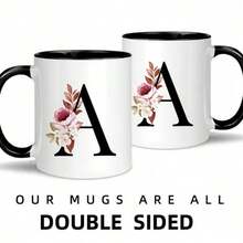 初字母A-Z花卉植物花束熱轉印咖啡杯11盎司陶瓷茶咖啡杯 - 感謝您獻禮結婚生日禮物給她，朋友，同事，姊妹 - 黑色 - 查看 5