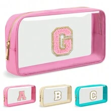 Geantă de machiaj cu scrisoare inițială personalizată, transparentă, cu plasture de chenille A-Z, geantă cosmetică din nailon Preppy cu fermoar, omologat TSA, transparentă, impermeabilă, pentru toaletă, pentru femei, fete, organizator pentru machiaj.