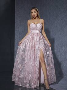 Embroidered Mesh Cami Dress With High Slit Hem, Upscale Bridesmaid Gown