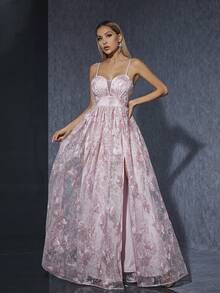 Embroidered Mesh Cami Dress With High Slit Hem, Upscale Bridesmaid Gown