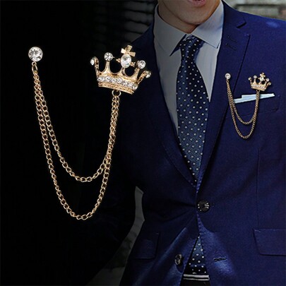 Deluxe Men's Crown-Shaped Brooch With Rhinestone, British Style Suit Chain Pin, Vintage Lapel Flower Badge Halloween Pin For Clothes Bag Charm School Kpop Backpack Teacher Supplies Bag Charms Cute Office Accessories Shirts Jacket Jewelry Christmas Autumn-Winter Accessories,Suitable For Teens, Youth,Men,Casual, Outdoor, Athletic, Vacation, Graduation Gifts, Birthday, Daily Wear Clothes Pin Funny Teacher Gifts