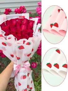 20-Pack Cartoon Strawberry Print Waterproof Floral Wrapping Paper, Semi-Transparent Bouquet Sheets For Weddings & Gifts, Back To School Valentine Day - Multicolor - View 10
