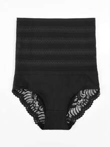 Lace Trim High Waisted Tummy Control Briefs - Black - View 6