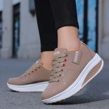 Women Fashion Casual Wedge Sneakers, Graffiti Pattern Sports Casual Shoes, PU Lace-Up Outdoor Walking Shoes