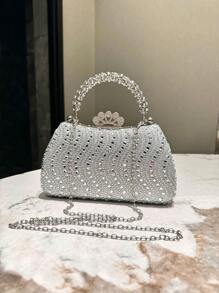 One Silver Sparkling Double-Sided Rhinestone & Rhinestone Decorated Evening Clutch Bag With Metal Strap And Elegant Clasp. Suitable For Parties, Weddings, Dances And Other Formal Events. A Great Gift For Women., Perfect For Party Wedding Prom Dinner/Banquet, Matching With Holiday Party Dress Evening Dress & Sequin Dress - Silver - View 2