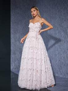 Asymmetrical Ruched Embroidered Mesh Bridesmaid Dress With Spaghetti Straps And Flared Hem - Pink - View 1